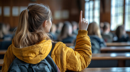 student raises their hand in a classroom, the focus on the hand while the background remains blurred. The image symbolizes curiosity, engagement, participation, and the pursuit of knowledge