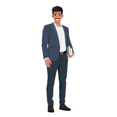 Man office character holding books wearing suit. Flat vector Character illustration