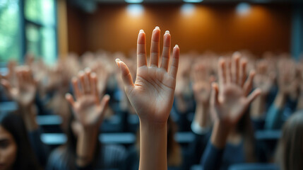 student raises their hand in a classroom, the focus on the hand while the background remains blurred. The image symbolizes curiosity, engagement, participation, and the pursuit of knowledge
