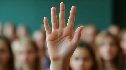 student raises their hand in a classroom, the focus on the hand while the background remains blurred. The image symbolizes curiosity, engagement, participation, and the pursuit of knowledge