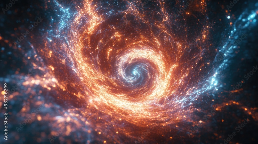 Poster cosmic vortex in ai-generated art, glowing and swirling in a dynamic, smooth motion, creating a capt