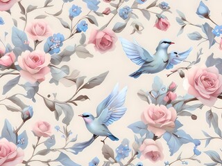 Fototapeta premium Whimsical floral pattern with birds in flight, surrounded by blooming roses and forget-me-nots, in delicate shades of light blue, soft pink, and cream.
