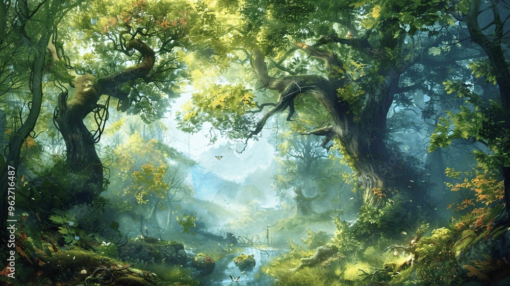 Poster enchanting forest path with lush greenery and stream