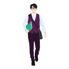 Young student with glasses is standing and holding a book. Flat vector Character illustration