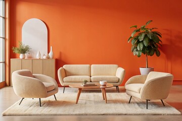 Boucle lounge chairs and sofa in classic room. Minimalist interior design of modern living room.