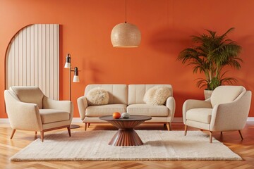Boucle lounge chairs and sofa in classic room. Minimalist interior design of modern living room.