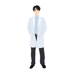 Male doctors in white medical coats standing. Flat vector Character illustration