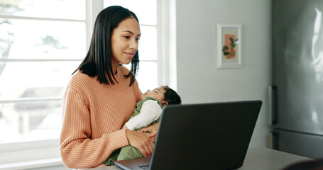 Laptop, freelance and mom with baby in kitchen sleeping for networking, research and time...