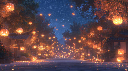 Obraz premium A magical Halloween street with glowing jack-o'-lanterns hanging from trees.
