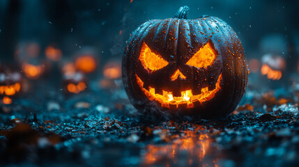 A glowing jack-o'-lantern in a spooky forest setting.