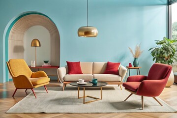 Boucle lounge chairs and sofa in classic room. Minimalist interior design of modern living room.