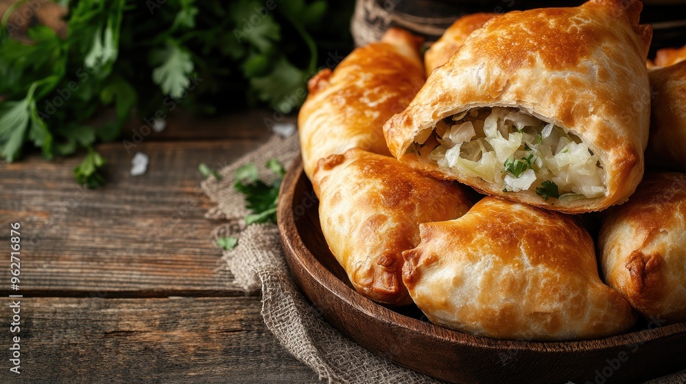 Canvas Prints Golden, crispy pirozhki filled with meat and cabbage, presented with ample copy space