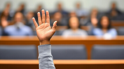 student raises their hand in a classroom, the focus on the hand while the background remains blurred. The image symbolizes curiosity, engagement, participation, and the pursuit of knowledge