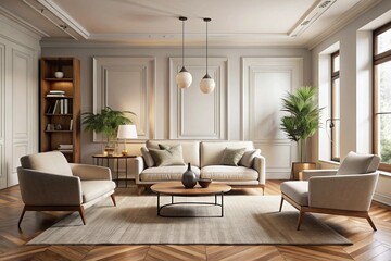 Boucle lounge chairs and sofa in classic room. Minimalist interior design of modern living room.