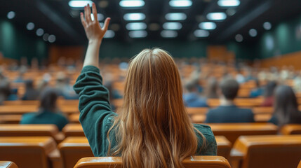 student raises their hand in a classroom, the focus on the hand while the background remains blurred. The image symbolizes curiosity, engagement, participation, and the pursuit of knowledge