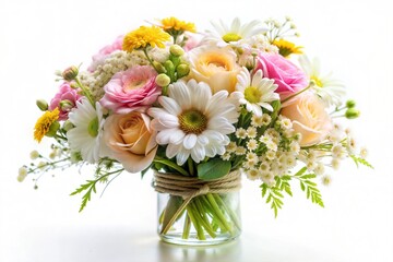 Fototapeta premium Beautiful arrangement of spring flowers in glass vase on bright background