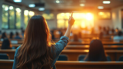 student raises their hand in a classroom, the focus on the hand while the background remains blurred. The image symbolizes curiosity, engagement, participation, and the pursuit of knowledge