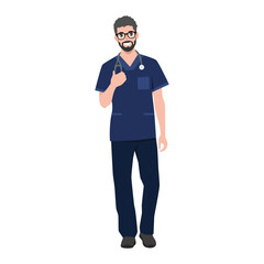 Young bearded man nurse wearing scrubs. Flat vector Character illustration