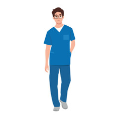 Young doctor standing with hand in scrubs uniform. Flat vector Character illustration