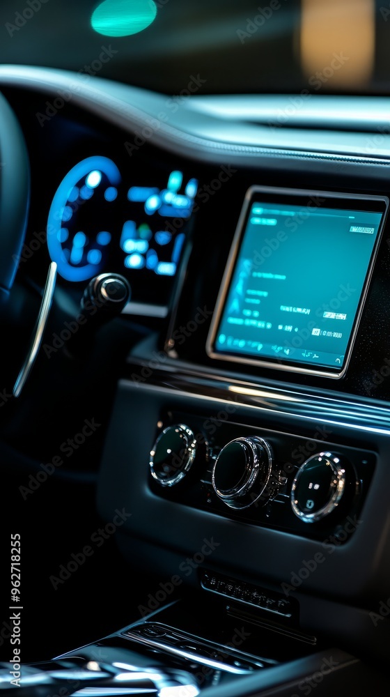 Poster close-up of a modern car's interior with a digital display showing navigation.