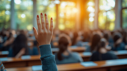 student raises their hand in a classroom, the focus on the hand while the background remains blurred. The image symbolizes curiosity, engagement, participation, and the pursuit of knowledge