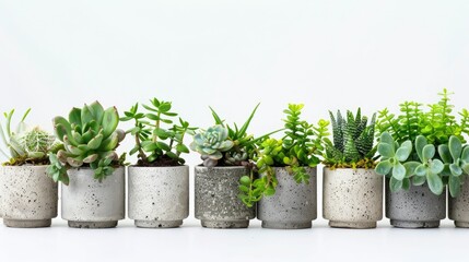 Fototapeta premium Variety of plants in concrete pots on white background - flower shop gifts and nature preservation concept. Close-up view.