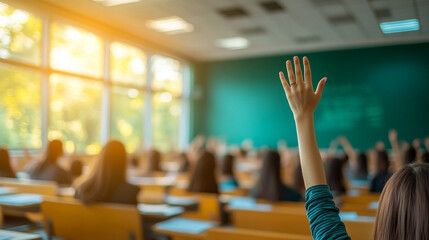 student raises their hand in a classroom, the focus on the hand while the background remains blurred. The image symbolizes curiosity, engagement, participation, and the pursuit of knowledge