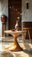 Discover the perfect blend of nature and sophistication with this exquisite wooden dining table, elegantly complemented by a marble surface.