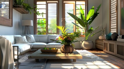 Living room interior with wooden table and plant decor.