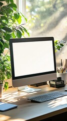 A computer screen on a desk near a window with a blank screen.