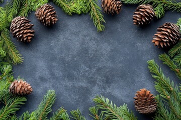 Fototapeta premium overhead view on spuce and thuja branches with cones, Christmas background with generative ai