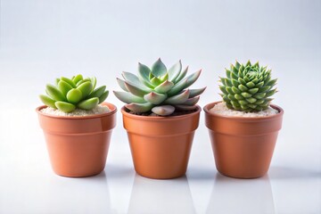 Three succulent plants in terracotta pots in minimalist indoor setting