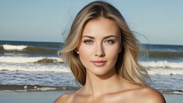 A beutiful blonde caucasian woman in the beach