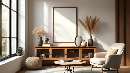 Home interior mock up, cozy modern room with natural wooden furniture