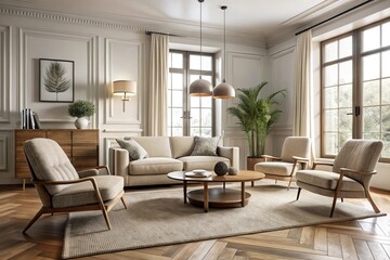 Boucle lounge chairs and sofa in classic room. Minimalist interior design of modern living room.