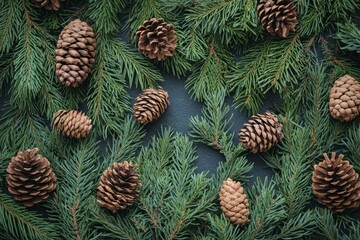 Fototapeta premium overhead view on spuce and thuja branches with cones, Christmas background with generative ai