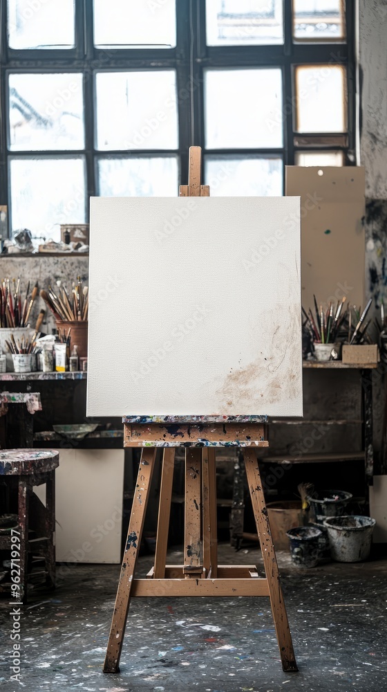 Poster a blank canvas on an easel in an art studio with paint splatters on the floor.