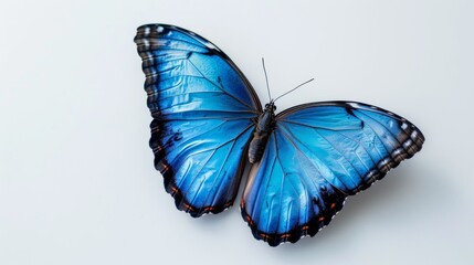 A blue butterfly is on a white background
