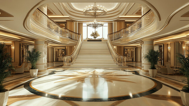 Luxurious cruise ship lobby with ornate details, featuring grand staircase and elegant decor. space is bright and inviting, showcasing opulence and sophistication.