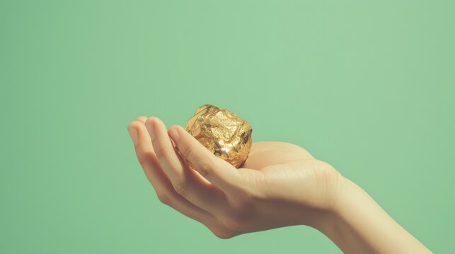 A hand gently holds a raw gold nugget against a soft green background. The image highlights the natural beauty and value of the gold, creating a minimalist and elegant composition.