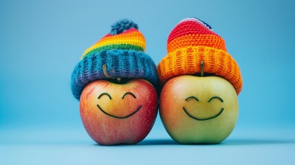 Obraz premium Two apples with smiling faces and colorful rainbow hats against a vibrant blue background. Great for cheerful themes, kids' products, and creative designs.