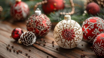 A bunch of red and white Christmas ornaments are sitting on a wooden table