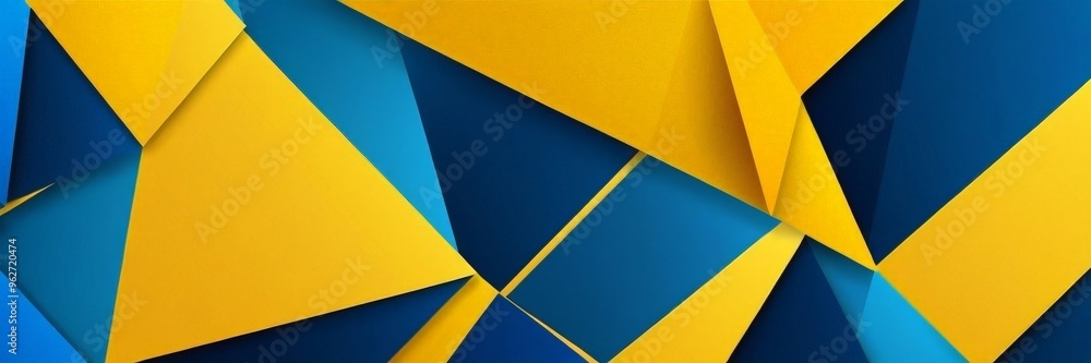 Poster abstract geometric background with blue and yellow triangular shapes, creating a modern and vibrant 