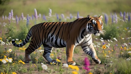 This captivating photograph presents a striking image of a tiger striding confidently through a vibrant field of wildflowers.