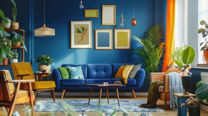 Photo of vibrant living room with retro armchairs, wooden frames, colorful pillows, navy sofa, and green plants.