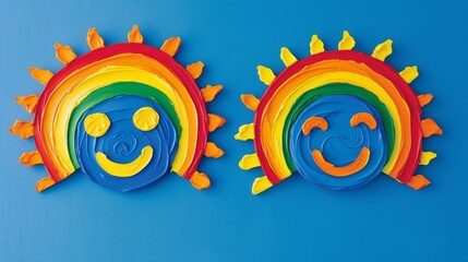 Naklejka premium Two painted sun designs with rainbow colors on a blue background. These artistic and vibrant sun images add a touch of creativity and brightness, perfect for art projects or decorative purposes.