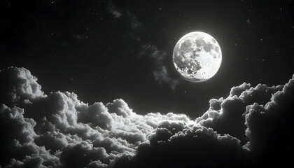 Full moon shining brightly over fluffy clouds in a starry night sky.