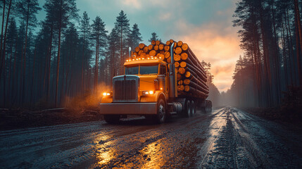 logging truck transports a large load of freshly cut timber through a forest. The image captures the essence of industrial forestry, symbolizing sustainability and resource management