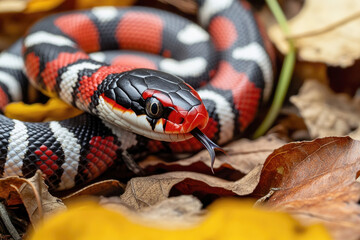 Close-Up of Milk Snake with Vibrant Red, Black, and White Bands Slithering Through Forest Leaves in a Naturalistic Setting