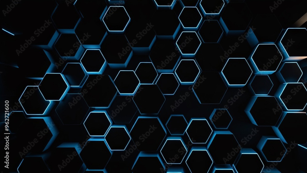 Poster abstract geometric background with hexagonal shapes in blue and black.